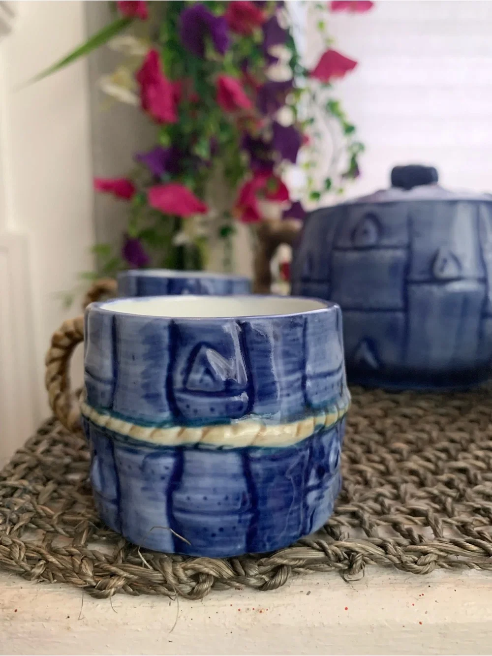 Chinese Miniature Blue Nautical & Rope Handle Ceramic Design Teapot and Cup Set